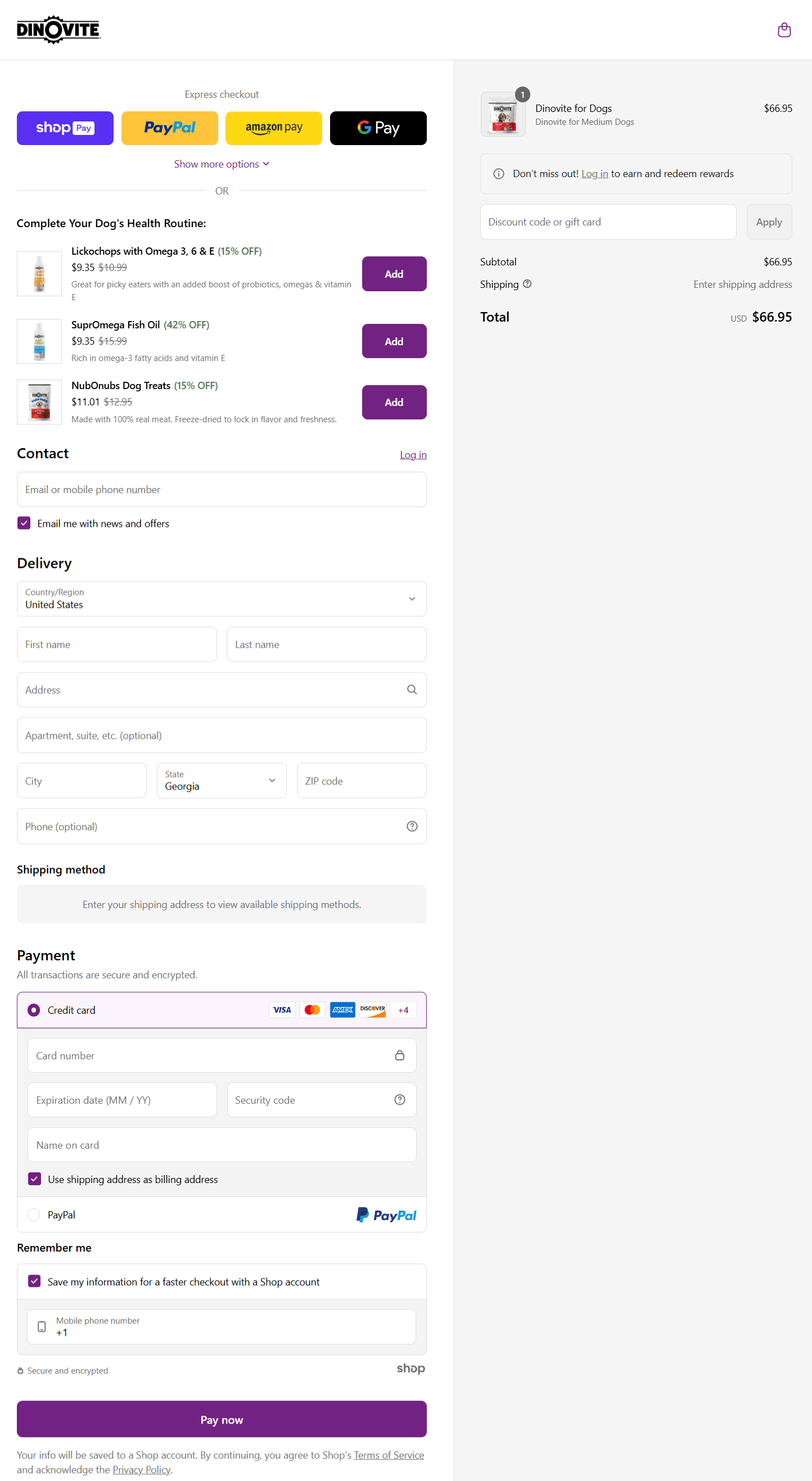 Dinovite Pet Supplements checkout page